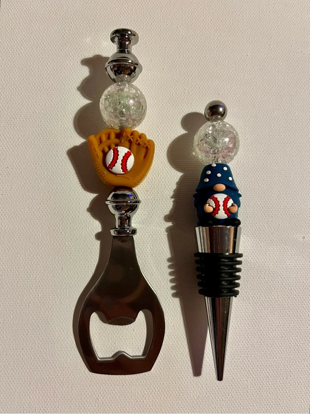 Baseball Themed Bottle Opener and Wine Stopper Set w/Iridescent Crackle Bead